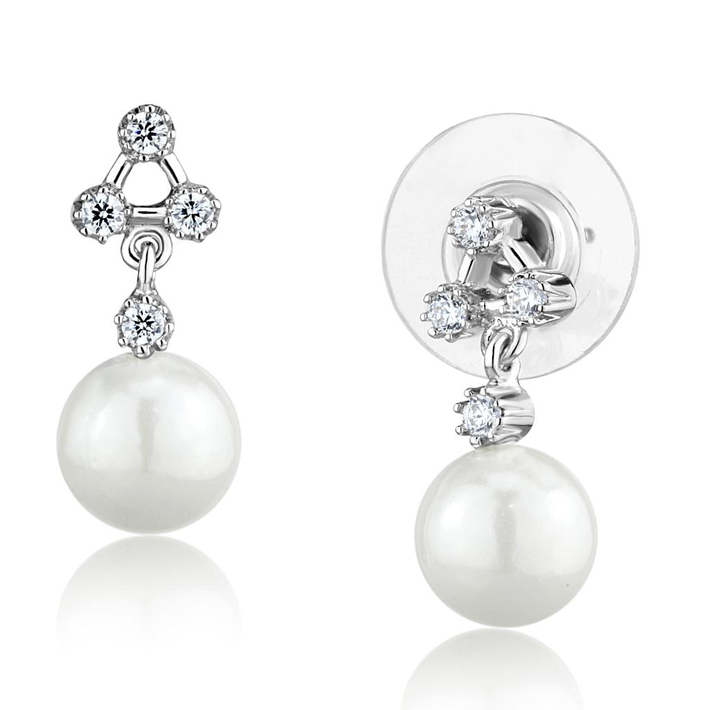 Rhodium Brass Earrings with Synthetic Pearl in White