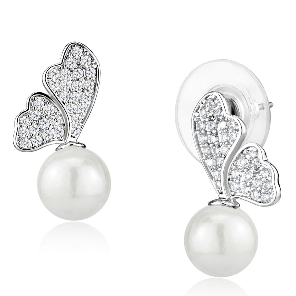 Rhodium Brass Earrings with Synthetic Pearl in White