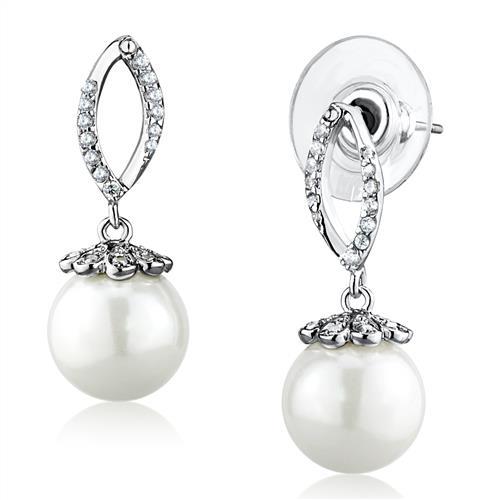 Rhodium Brass Earrings with Synthetic Pearl in White