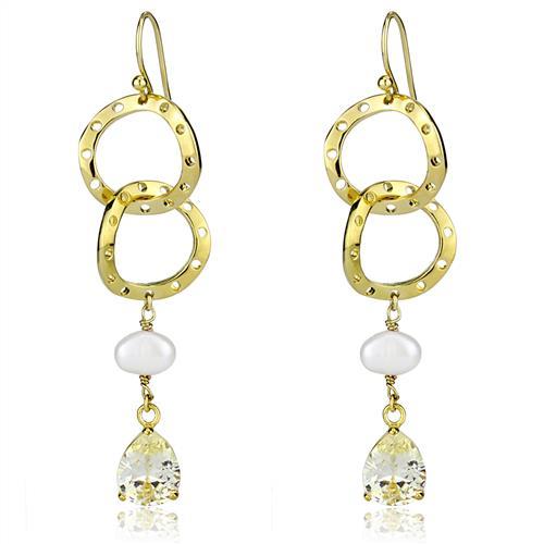 Gold Brass Earrings with Semi-Precious Pearl in White