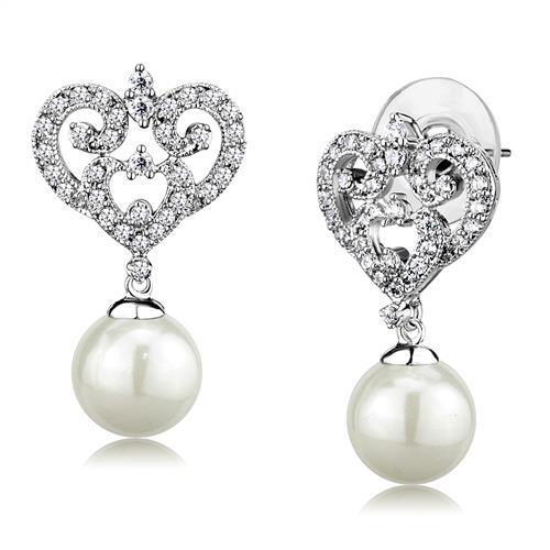 Rhodium Brass Earrings with Synthetic Pearl in White