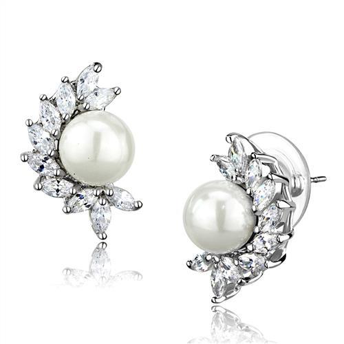 Rhodium Brass Earrings with Synthetic Pearl in White