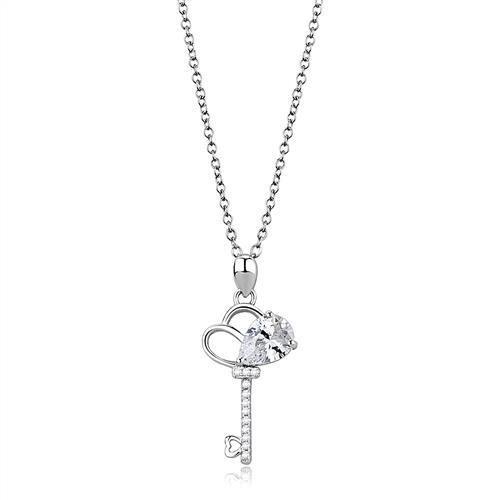 Rhodium 925 Sterling Silver Chain Pendant with AAA Grade CZ  in Clear