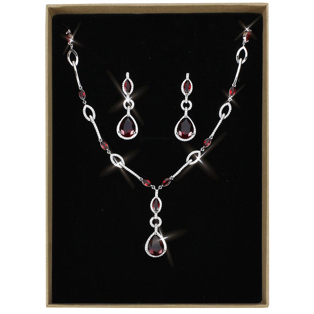 Rhodium Brass Jewelry Sets with Synthetic Synthetic Glass in Garnet