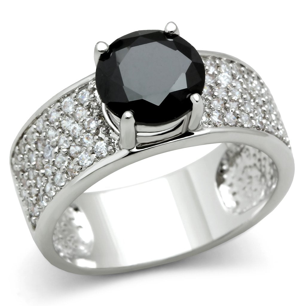 Rhodium Brass Ring with AAA Grade CZ  in Jet