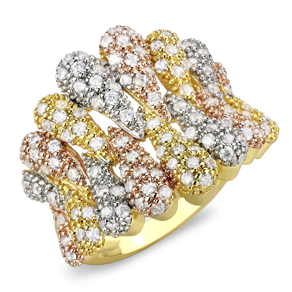 Tricolor Brass Ring with AAA Grade CZ  in Clear