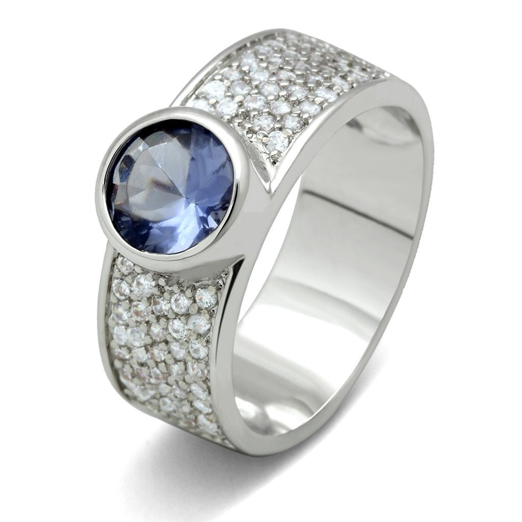 Rhodium Brass Ring with Synthetic Synthetic Glass in Light Sapphire