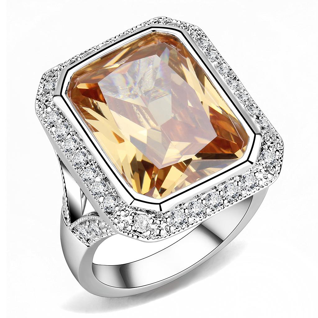 Rhodium Brass Ring with AAA Grade CZ  in Champagne
