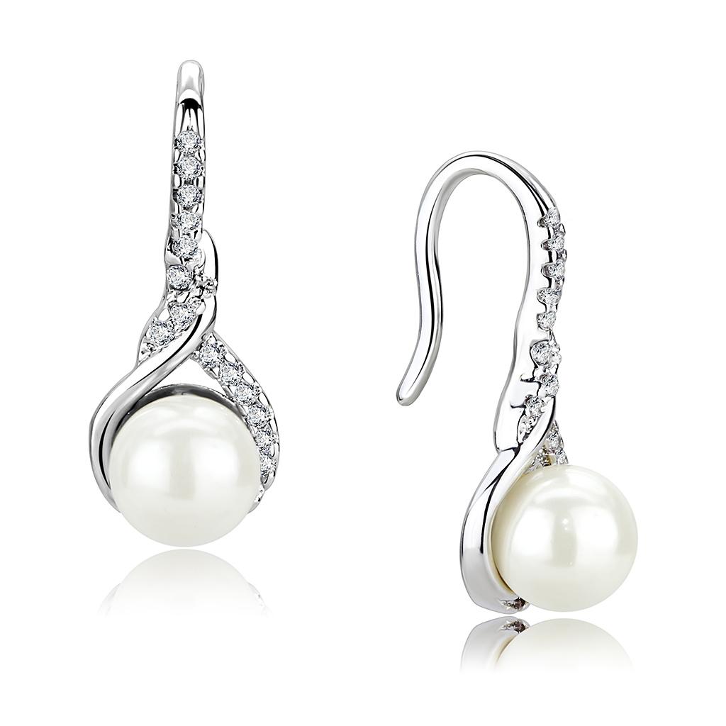 Rhodium Brass Earrings with Synthetic Pearl in White
