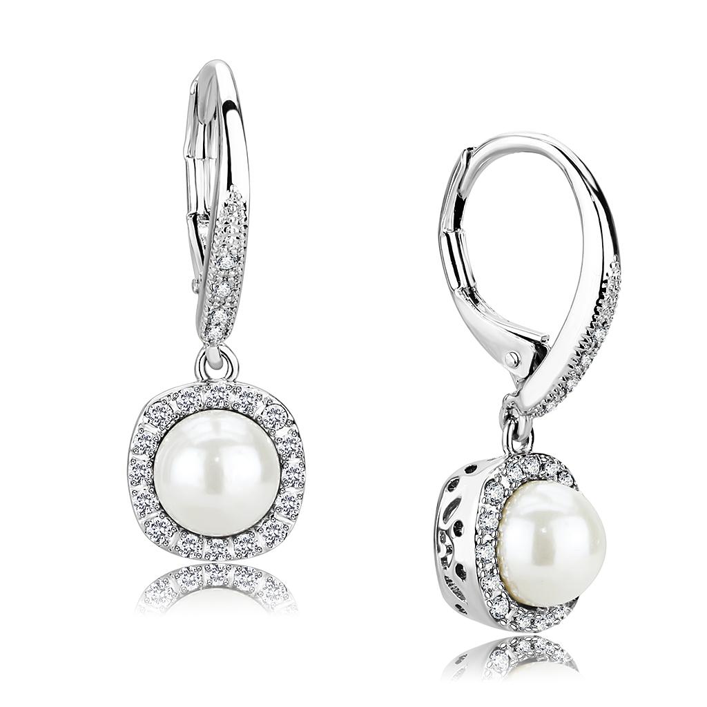 Rhodium Brass Earrings with Synthetic Pearl in White