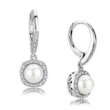 Rhodium Brass Earrings with Synthetic Pearl in White