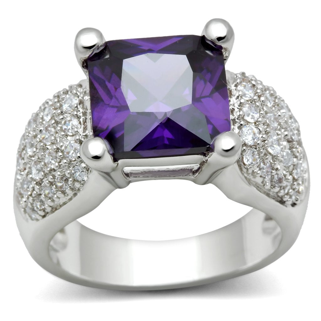 Rhodium Brass Ring with AAA Grade CZ  in Amethyst