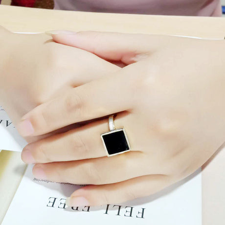 Rhodium Brass Ring with Epoxy in Jet