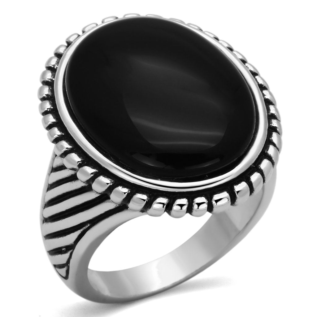 Rhodium Brass Ring with Semi-Precious Onyx in Jet