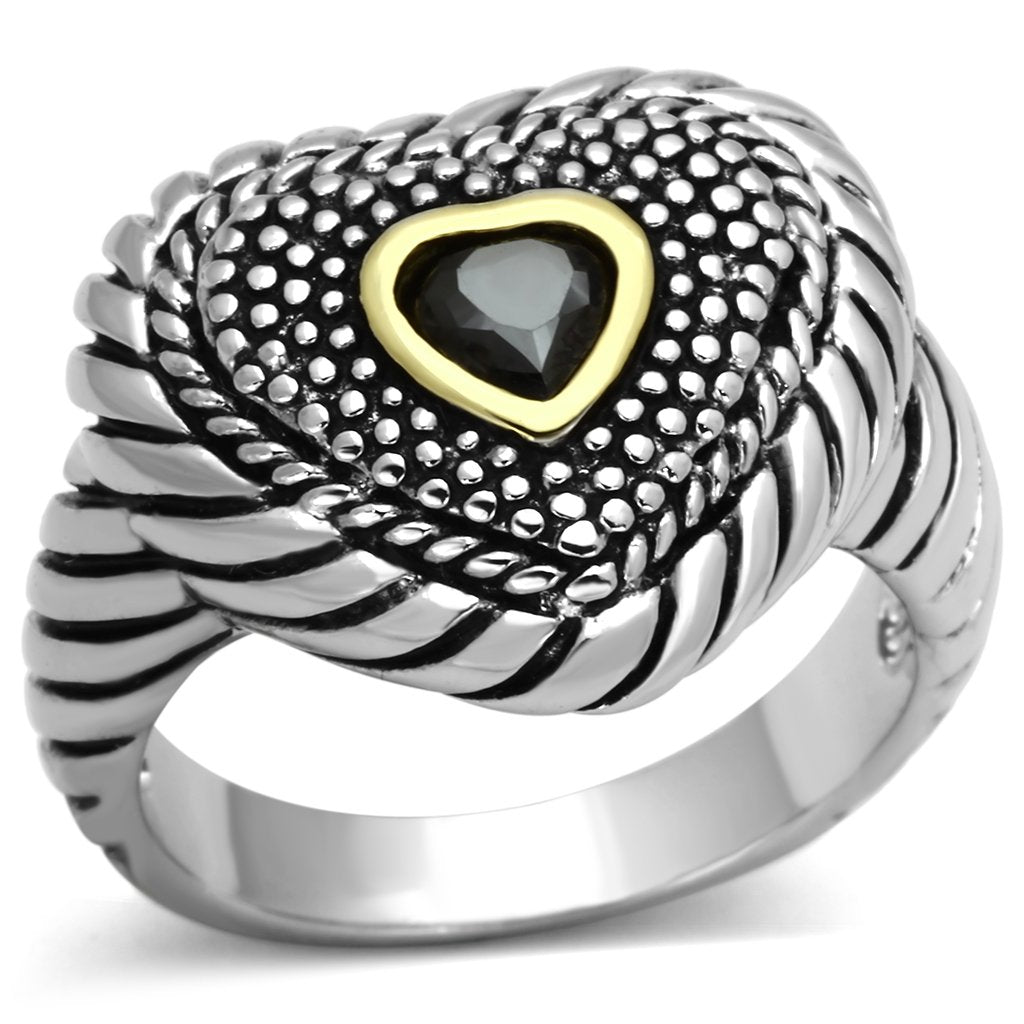 Reverse Two-Tone Brass Ring with AAA Grade CZ  in Black Diamond