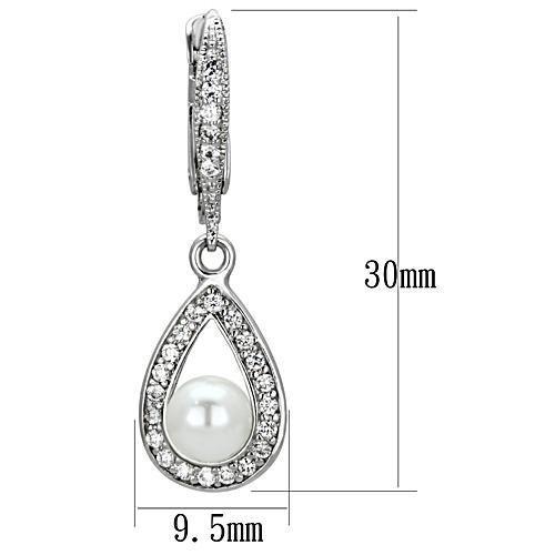 Rhodium Brass Earrings with Synthetic Pearl in White