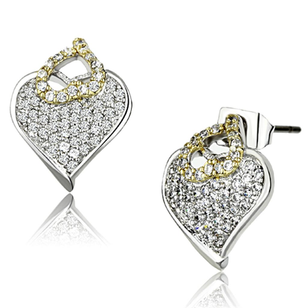Reverse Two-Tone Brass Earrings with AAA Grade CZ  in Clear