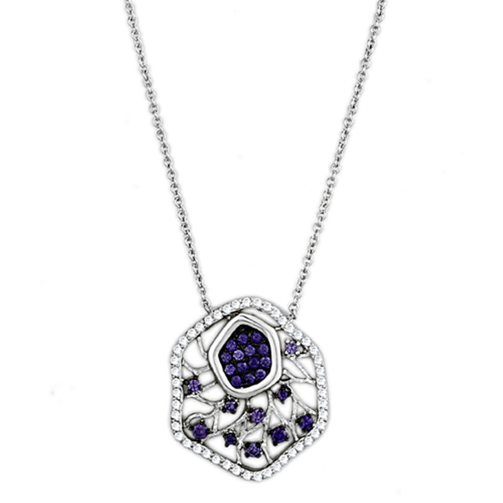 Rhodium + Ruthenium Brass Necklace with AAA Grade CZ  in Amethyst