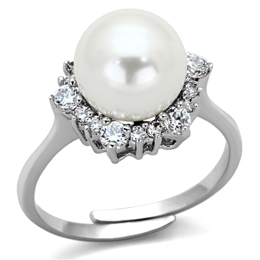 Rhodium Brass Ring with Synthetic Pearl in White