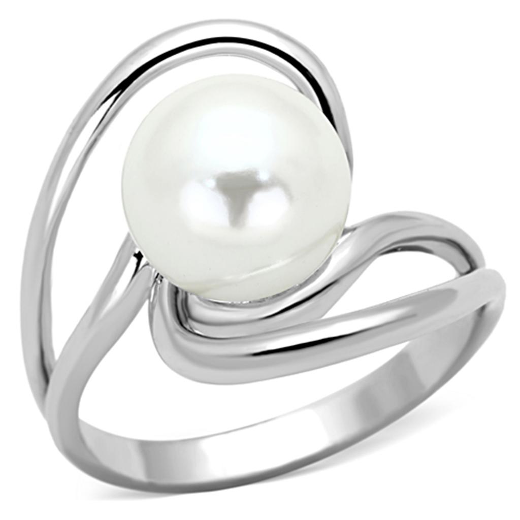 Rhodium Brass Ring with Synthetic Pearl in White