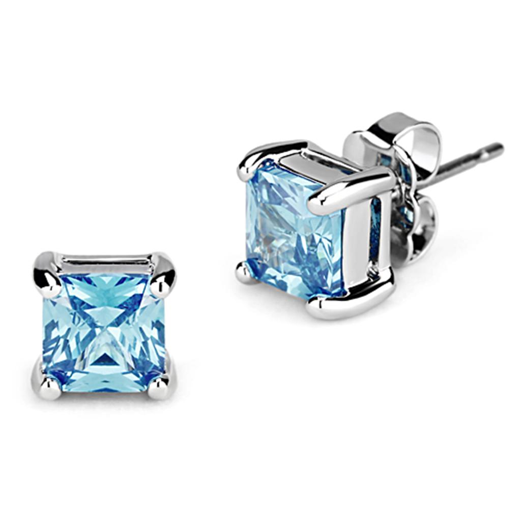 Rhodium Brass Earrings with AAA Grade CZ  in Sea Blue