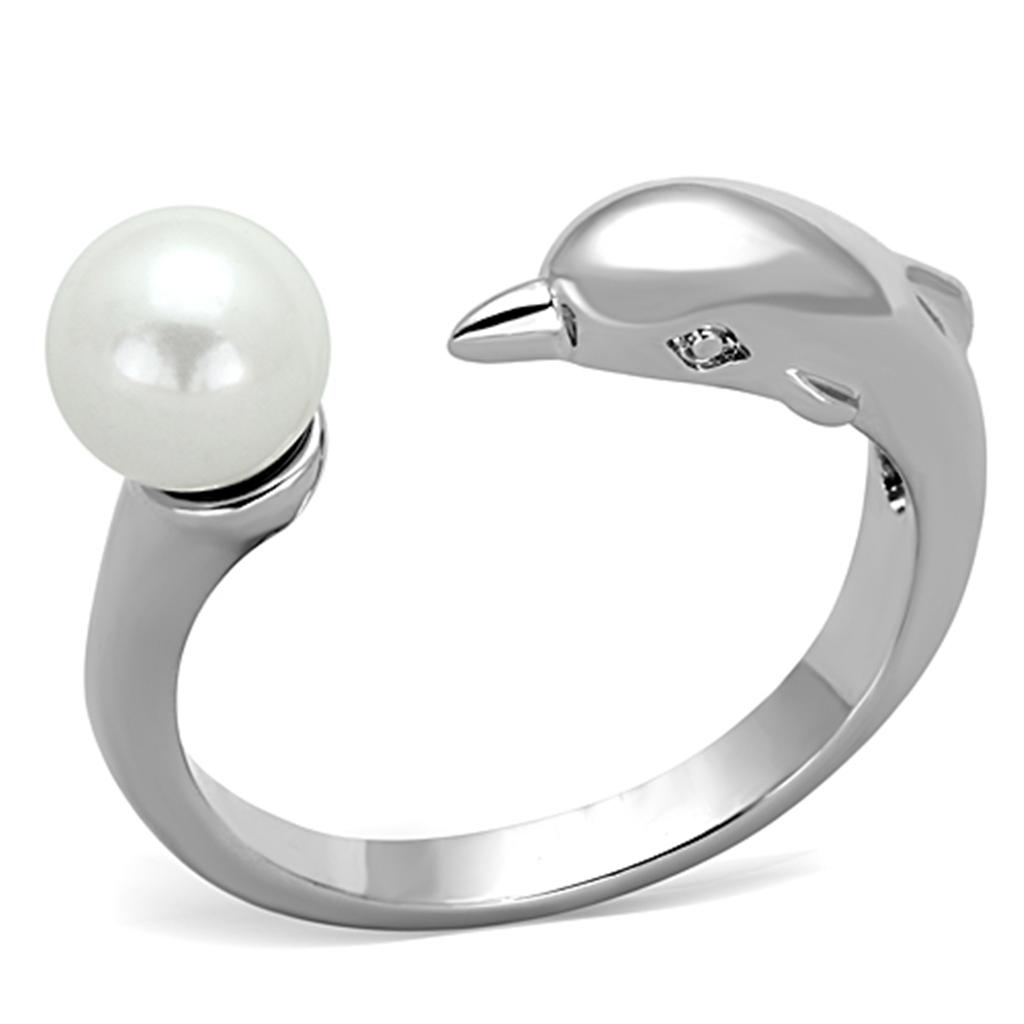 Rhodium Brass Ring with Synthetic Pearl in White