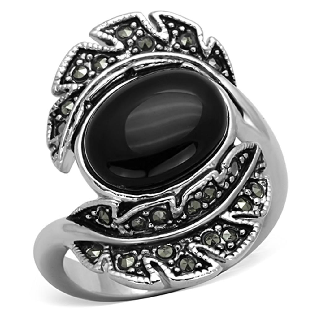 Rhodium Brass Ring with Synthetic Onyx in Jet