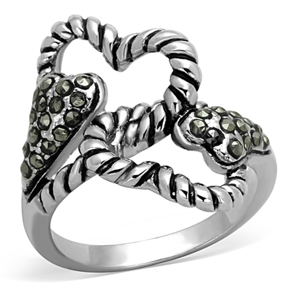 Rhodium Brass Ring with Synthetic Marcasite in Black Diamond
