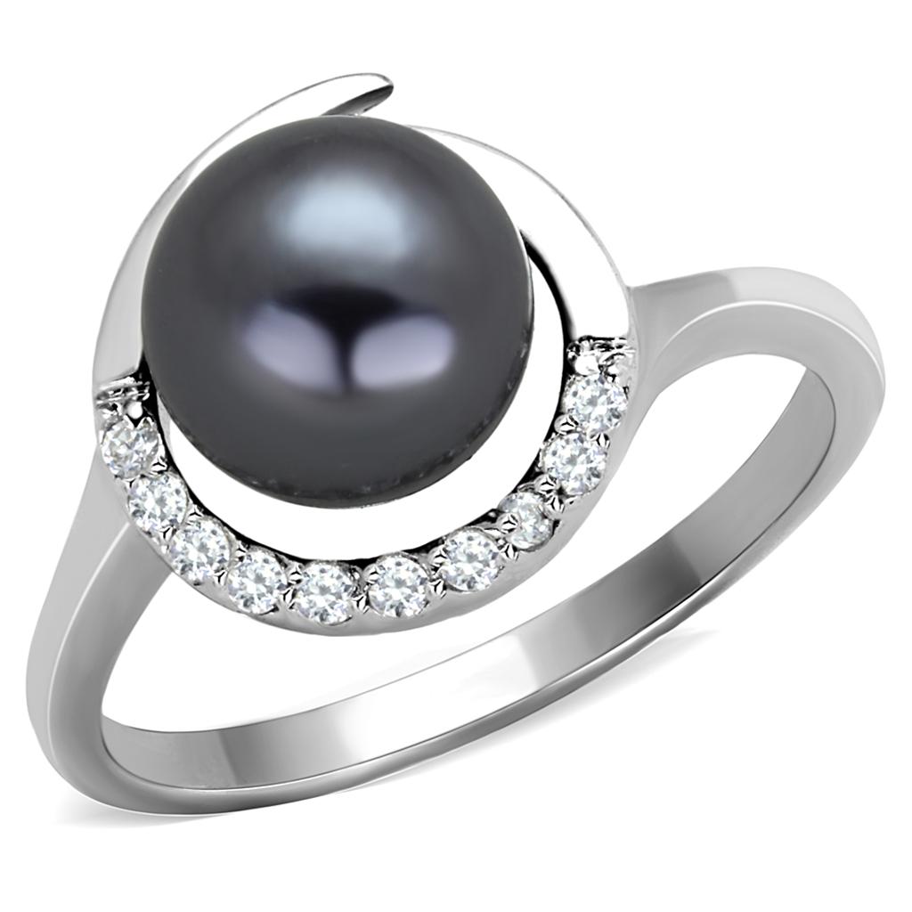 Rhodium Brass Ring with Synthetic Pearl in Gray