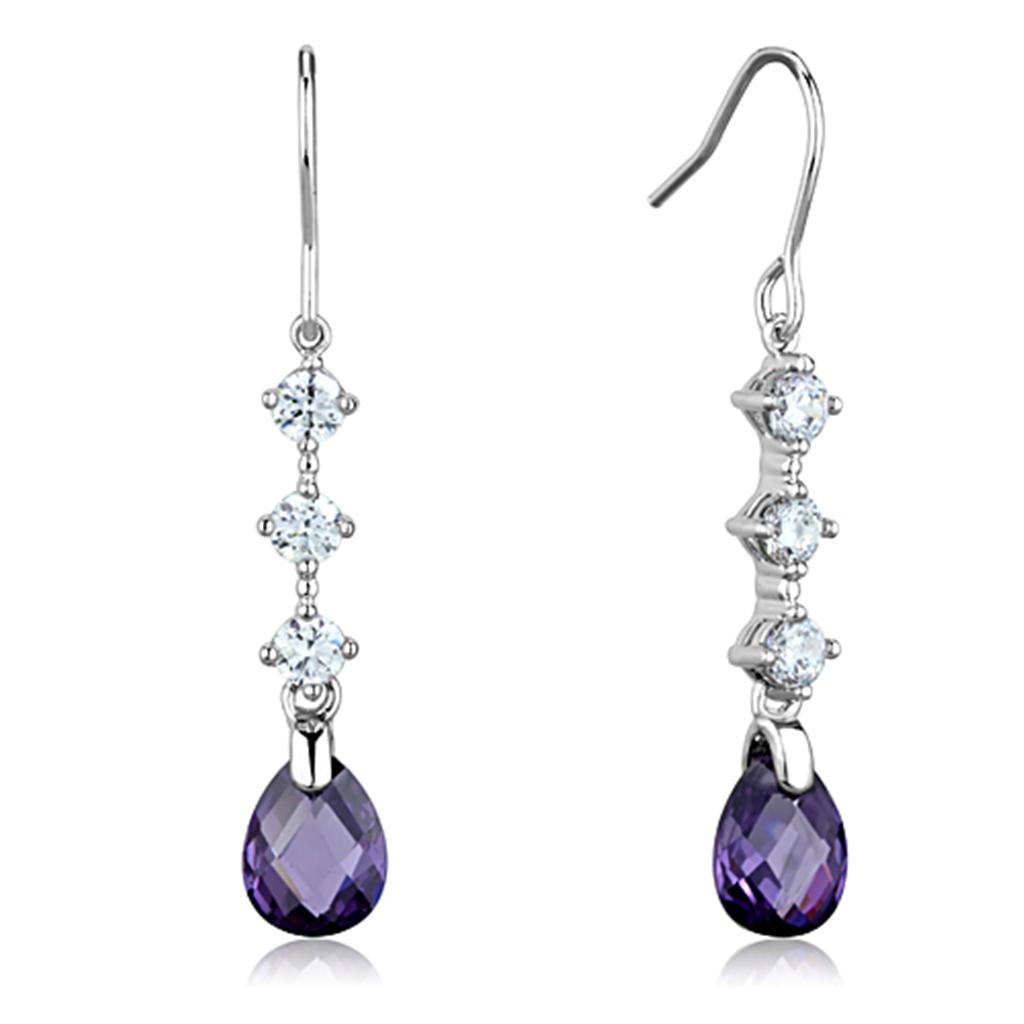 Rhodium Brass Earrings with AAA Grade CZ  in Amethyst