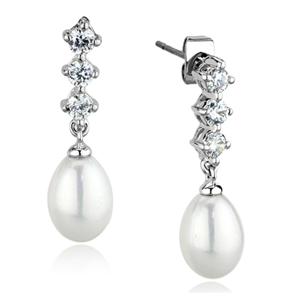 Rhodium Brass Earrings with Semi-Precious Pearl in White