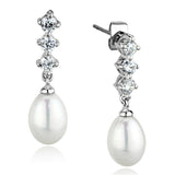 Rhodium Brass Earrings with Semi-Precious Pearl in White