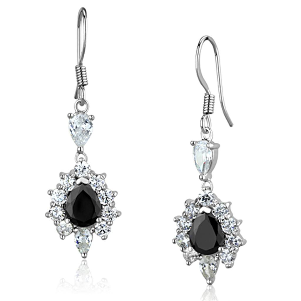 Rhodium Brass Earrings with AAA Grade CZ  in Black Diamond