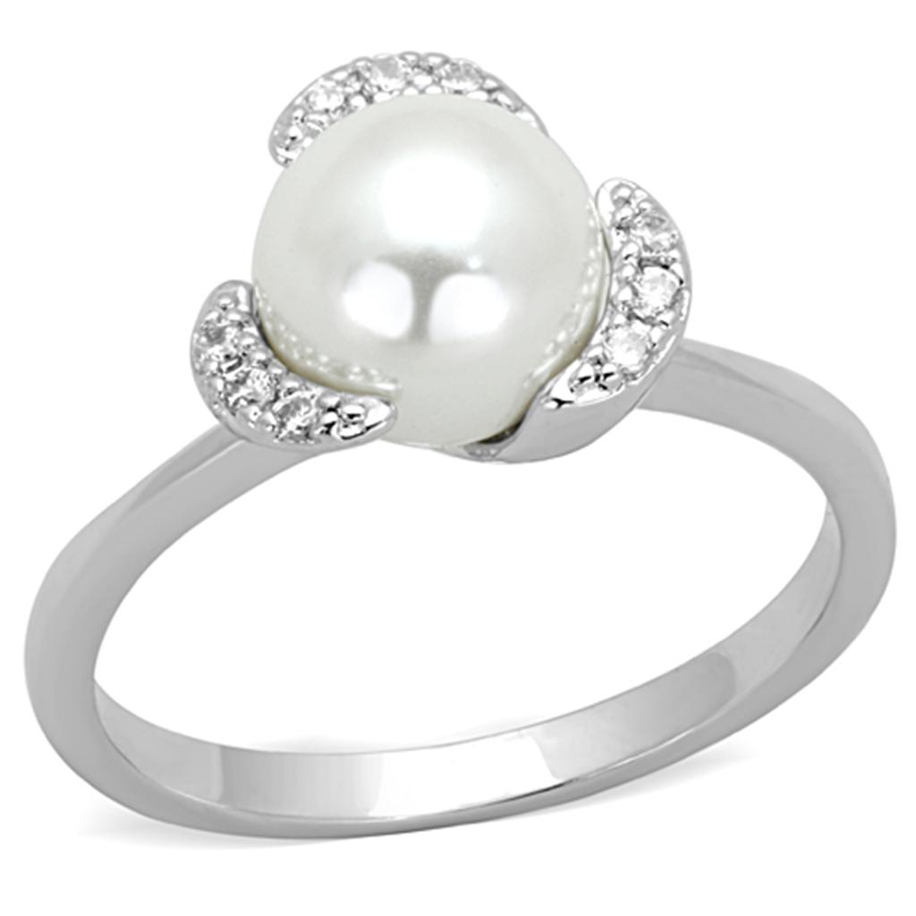 Rhodium Brass Ring with Synthetic Pearl in White