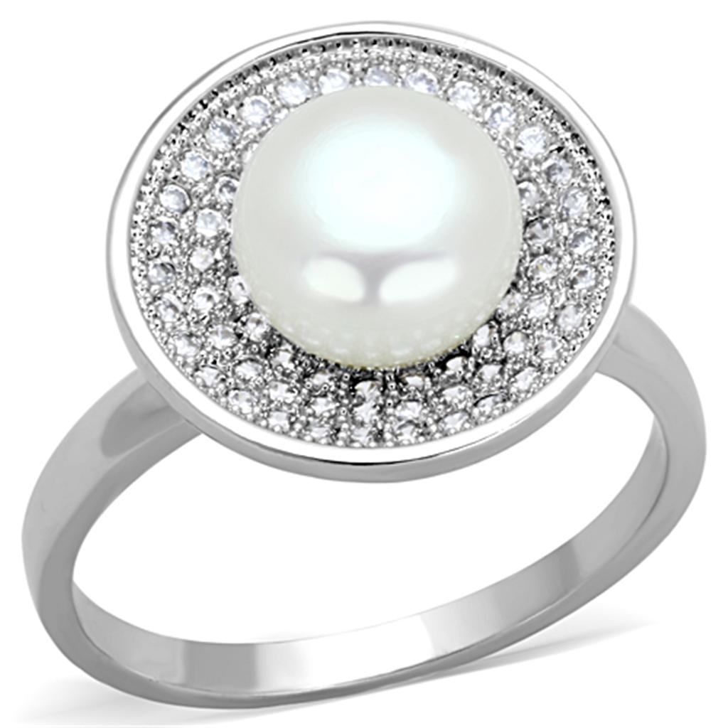Rhodium Brass Ring with Synthetic Pearl in White