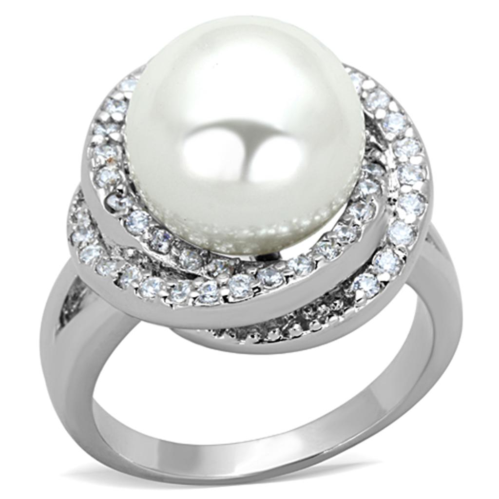 Rhodium Brass Ring with Synthetic Pearl in White