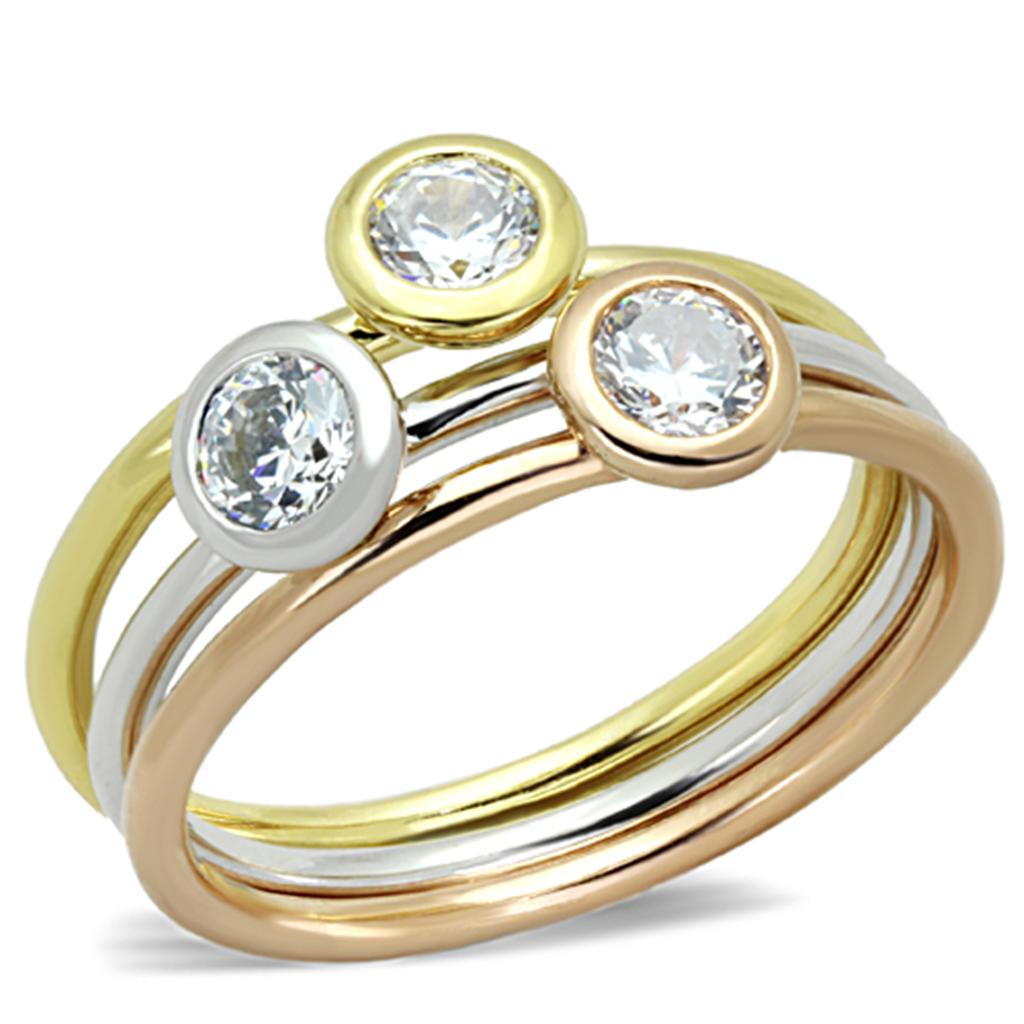 Rhodium + Gold + Rose Gold Brass Ring with AAA Grade CZ  in Clear