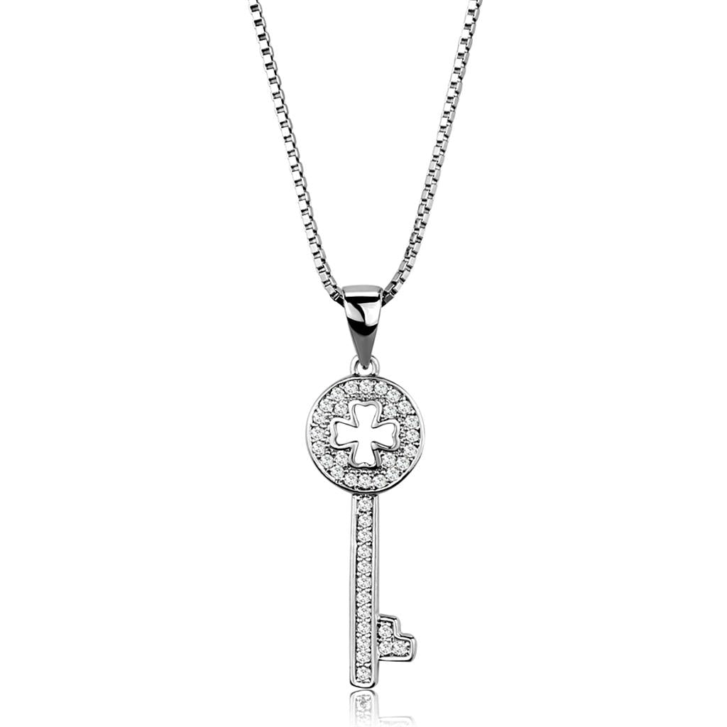 Rhodium Brass Chain Pendant with AAA Grade CZ  in Clear