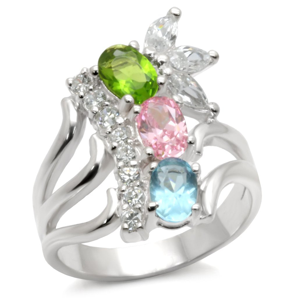 High-Polished 925 Sterling Silver Ring with AAA Grade CZ  in Multi Color