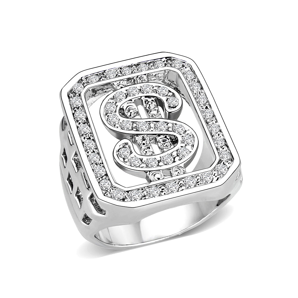 Rhodium Plated  Brass Ring with  Synthetic Glass Clear