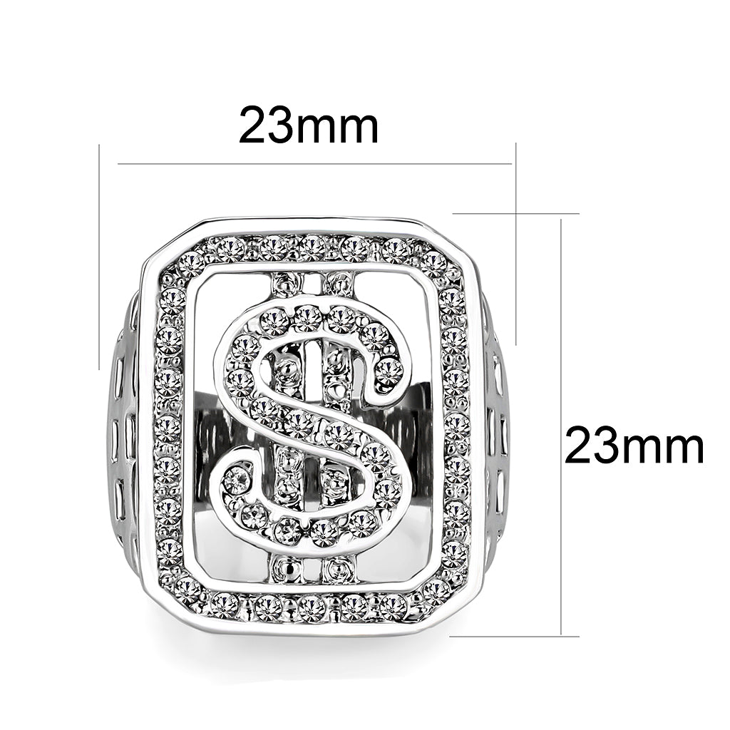 Rhodium Plated  Brass Ring with  Synthetic Glass Clear
