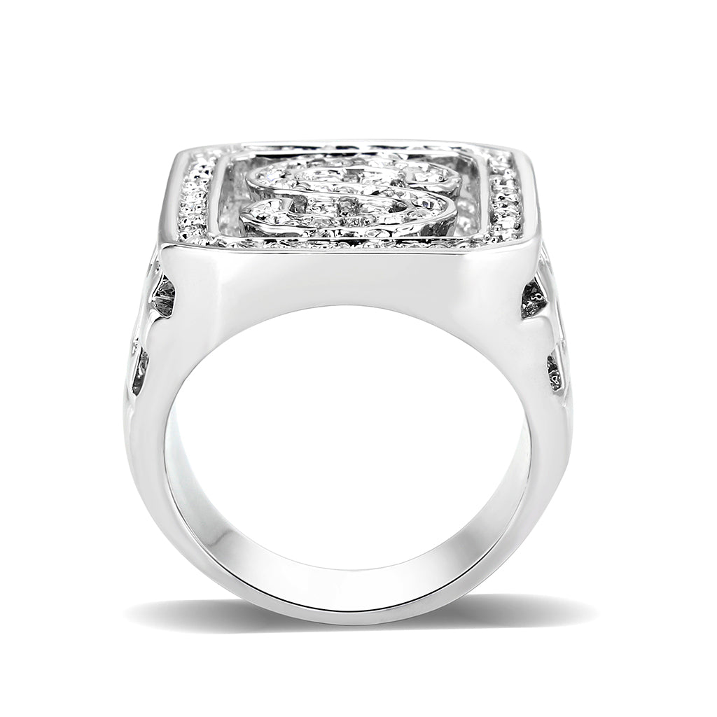 Rhodium Plated  Brass Ring with  Synthetic Glass Clear
