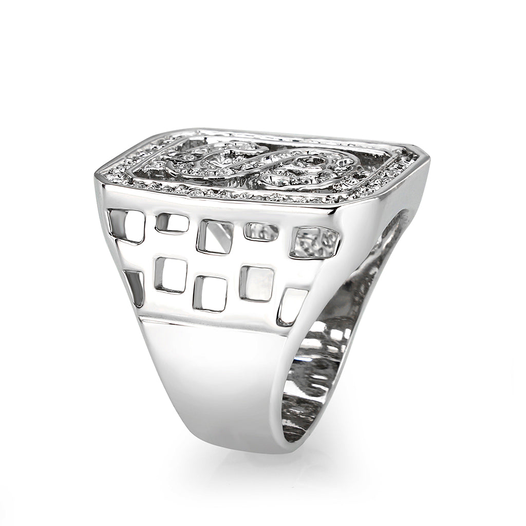 Rhodium Plated  Brass Ring with  Synthetic Glass Clear