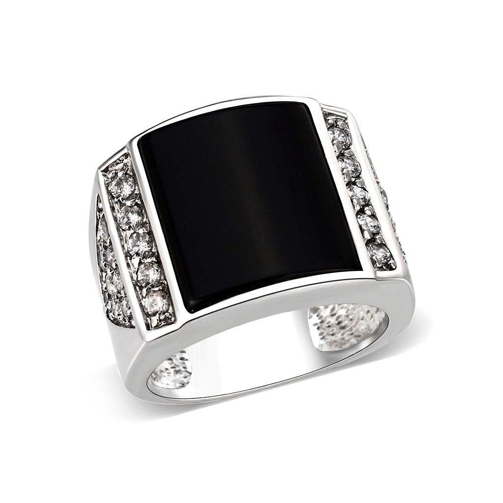 Rhodium Plated  Brass Ring with  Onyx