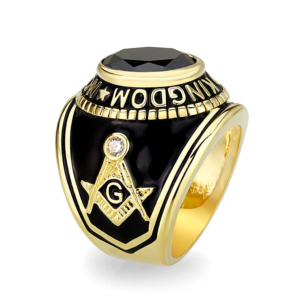 IP Gold(Ion Plating) Brass Ring with Synthetic Glass With Jet Color