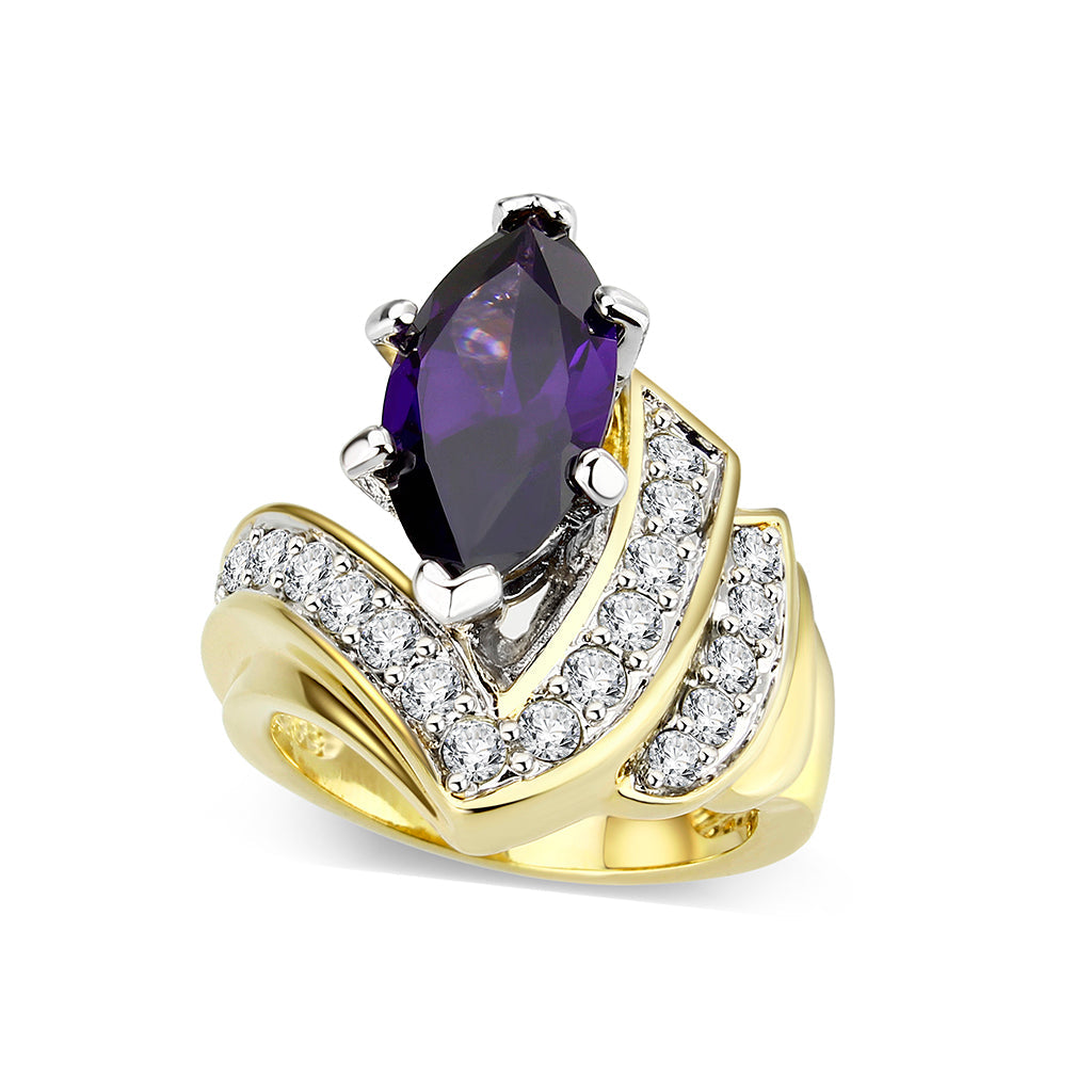 IP Gold  Plated Brass Ring with CZ In Amethyst