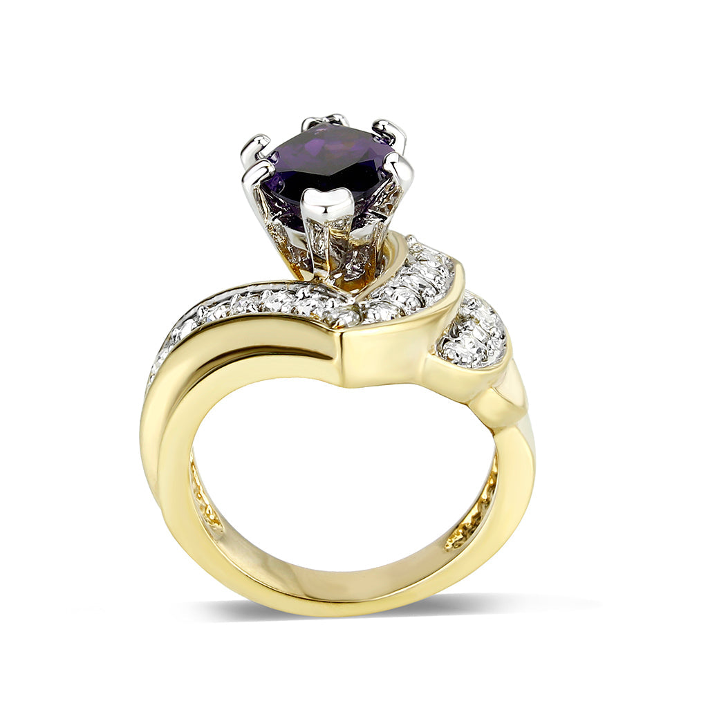 IP Gold  Plated Brass Ring with CZ In Amethyst