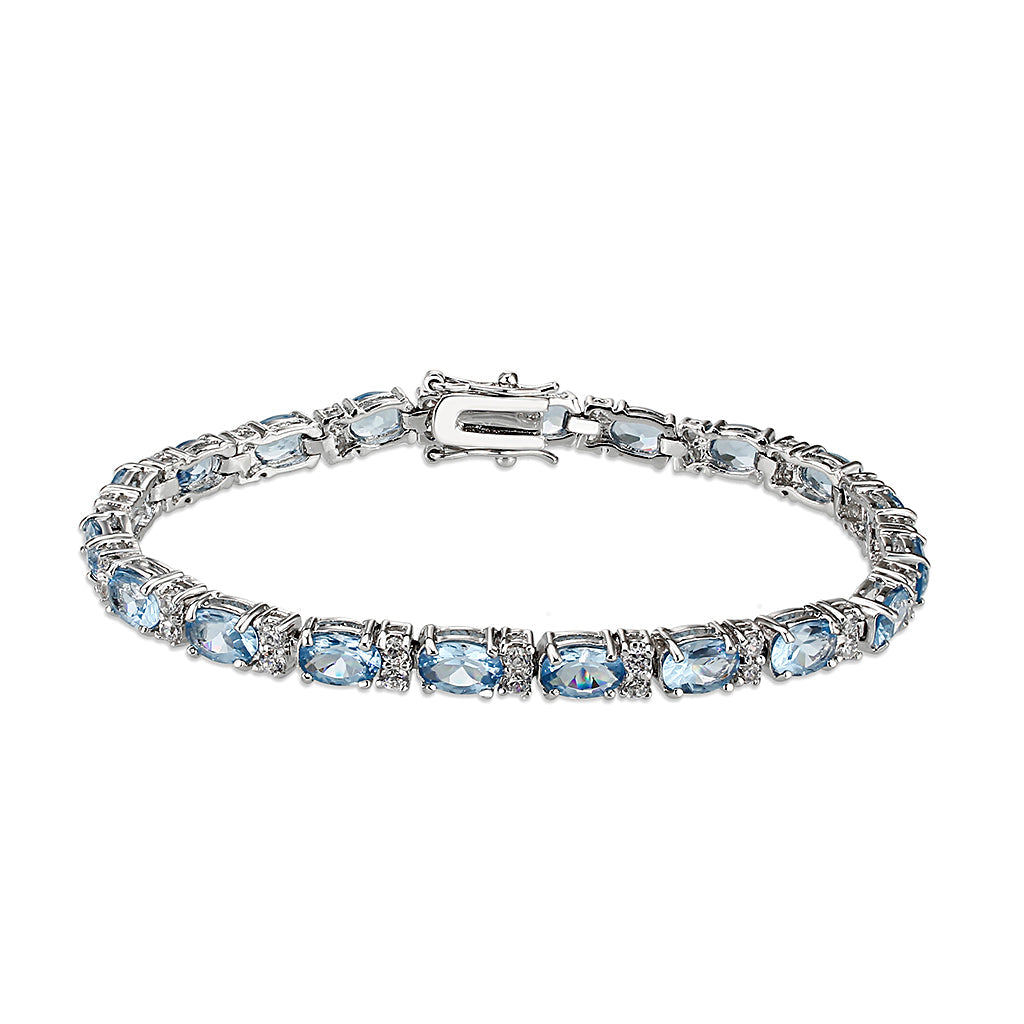 Brass  Bracelet with AAA Grade CZ  in Aquamarine Rhodium Plated-7"