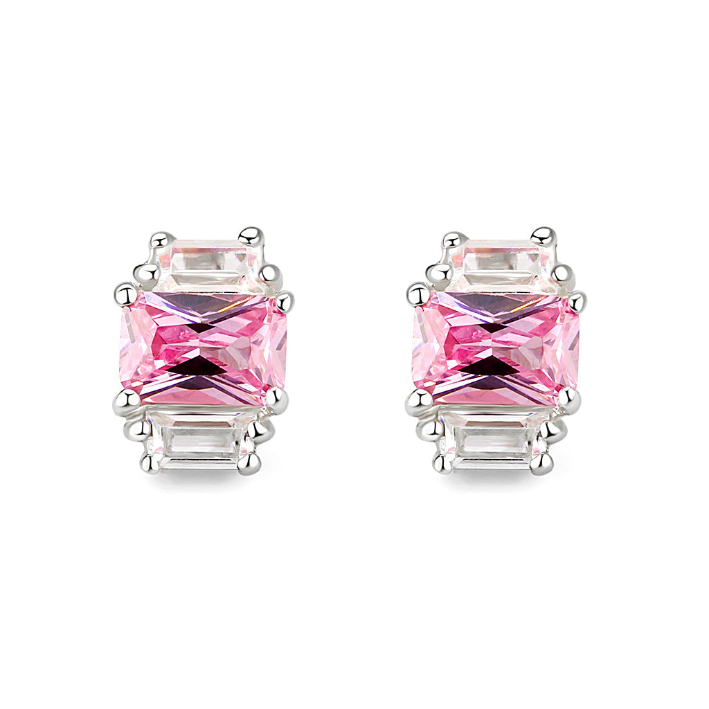 Sterling Silver  Earrings With  CZ Pink In High Polished( No Plated)