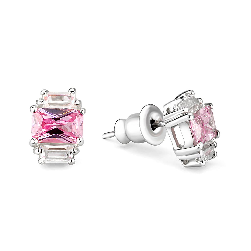 Sterling Silver  Earrings With  CZ Pink In High Polished( No Plated)